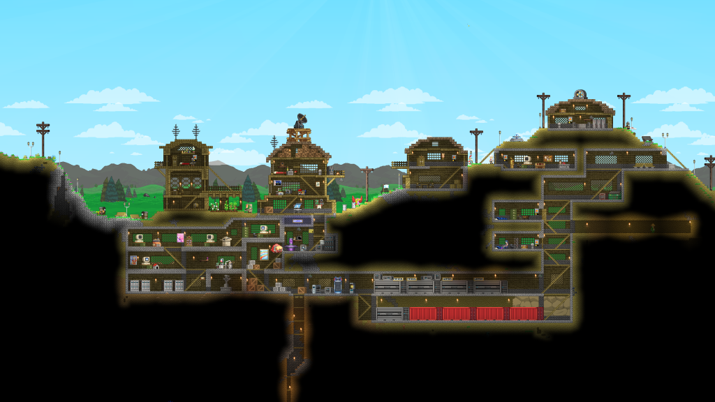 Overview of the main part of the base, showing multiple houses and an underground with shipping containers.