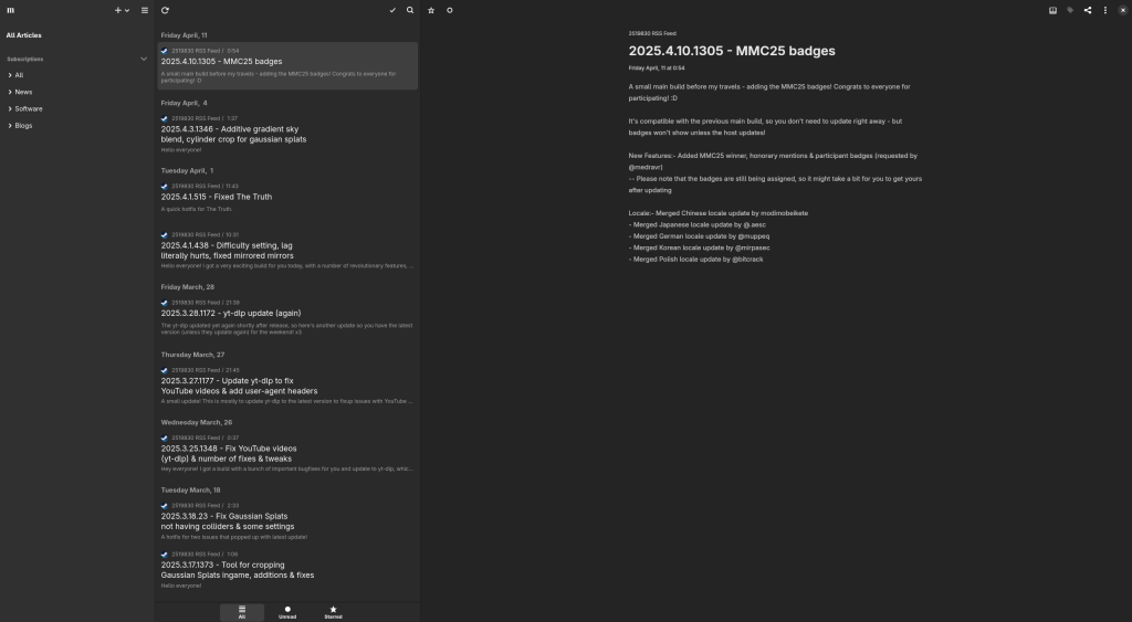 Screenshot of the Resonite Steam RSS feed, showing the 2025.4.10.1305 changelog.