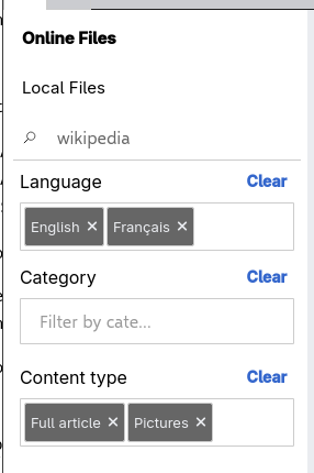 UI showing the selection of languages and content types, showing French and English being selected as well as “images” and “full article”.