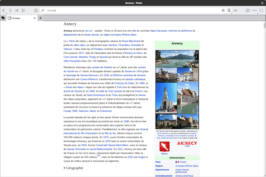 Screenshot of Kiwix showing the French Wikipedia page for the city of Annecy.