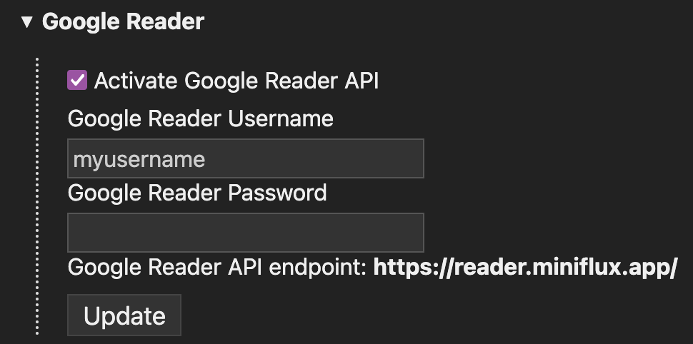 Screenshot showing the "Google Reader" section with an username and password fields.