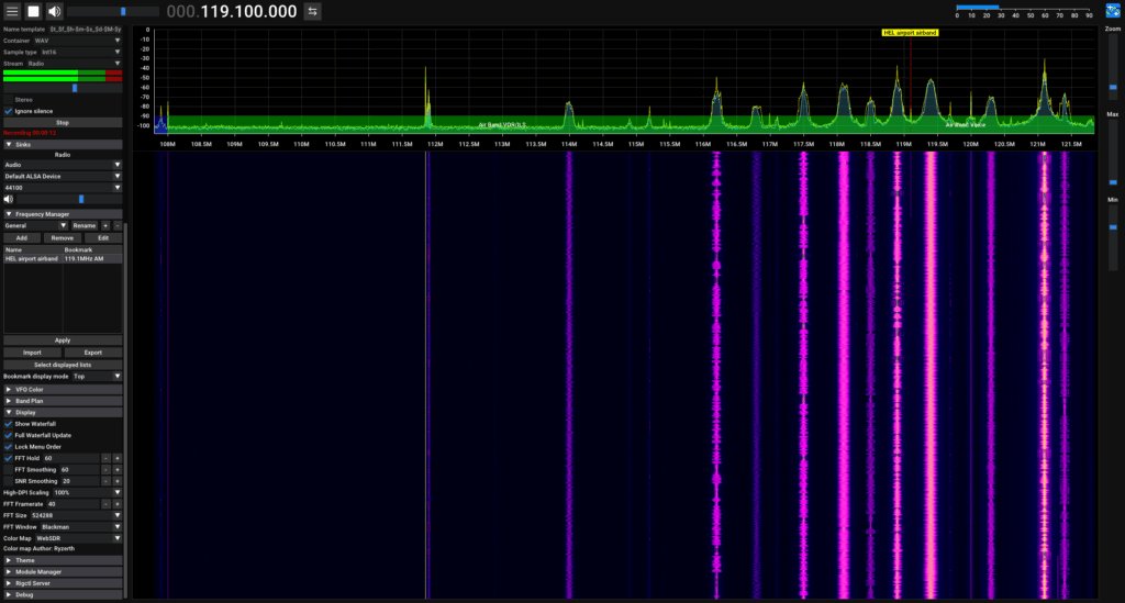 Full screenshot of the application showing a waterfall with really strong signals.