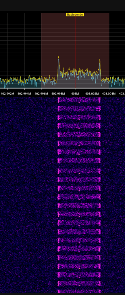 Warterfall display on an SDR showing quick bursts of data every second or so.