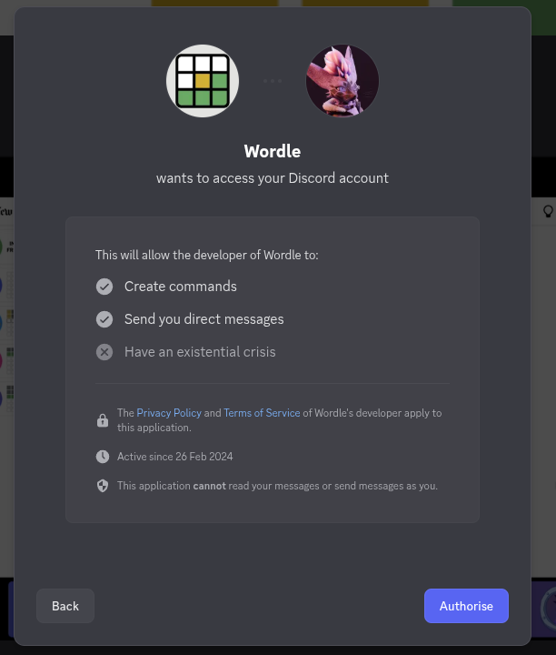 Screenshot of the Discord client showing the “Worlde” app being added and requesting permissions to create commands and send DMs to the user.