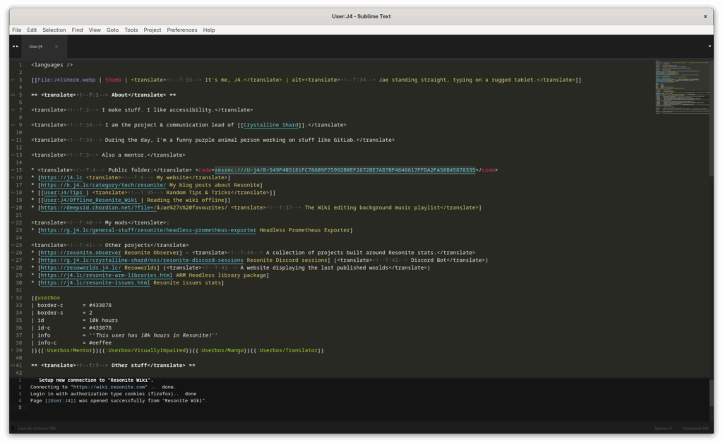 Screenshot of Sublime Text showing the user page of the user J4, highlighting wikitext syntax.