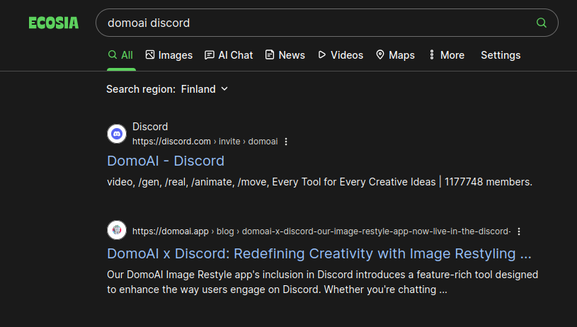 Screenshot of Ecosia showing two search results on top of the list, the first one being an invite to a guild, the second one being a blog post by Domo AI.