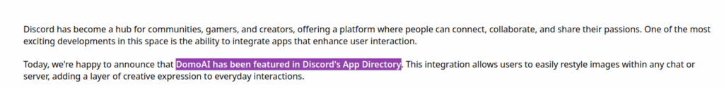 Excerpt of the article saying that Domo was featured in the app directory.