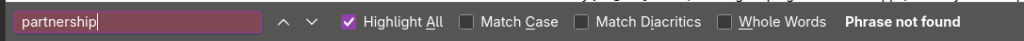 Firefox search tool with the term “partnership” highlighted, with no matches found.