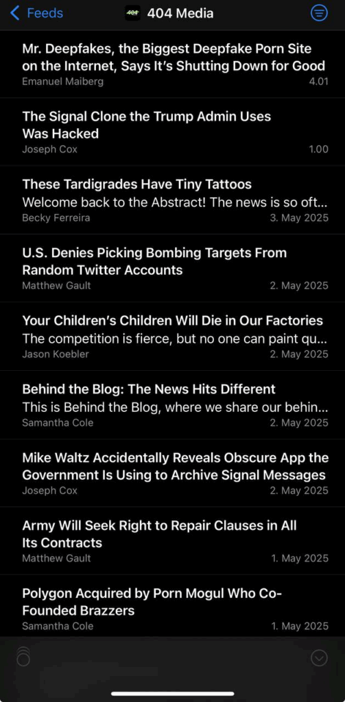 Screenshot of NetNewsWire showing the 404 Media news feed.