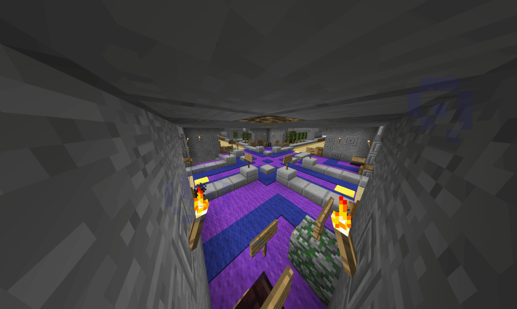 Minecraft spawn decorated with brightly coloured carpets and signs.