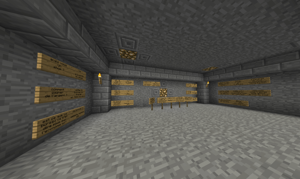 Stone room in which signs explain how to become a full member of the server.