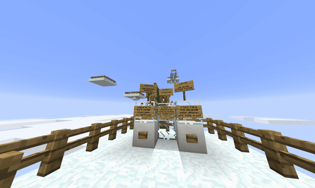 Snow platforms floating in the sky, surrounded by fences, with signs asking questions. Buttons are under the signs to answer the questions.