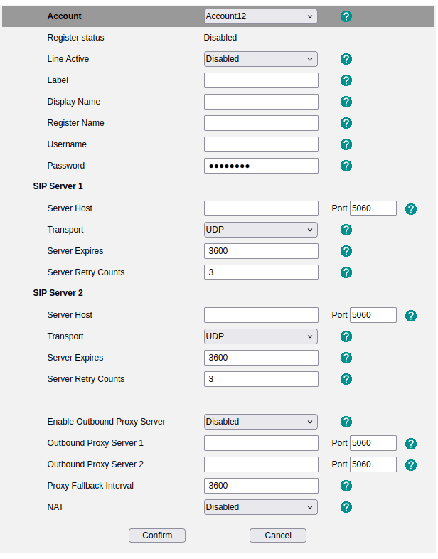 Screenshot of the web interface showing the configuration for an account.