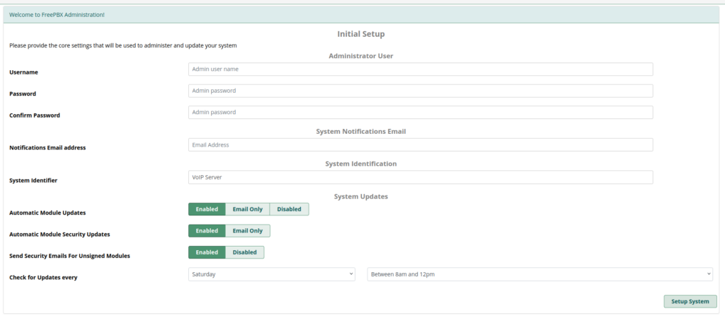 Screenshot of the FreePBX initial setup screen asking for admin credentials.