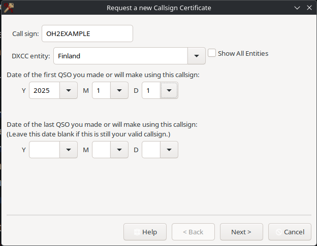 TQSL window showing the initial setup of the callsign.