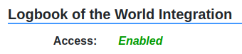 Screenshot of a website with the header Logbook of the world integration and the property access set to enabled.