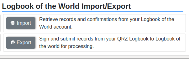 "Import" and "export" buttons to process logs in and out of QRZ to sync with LoTW.