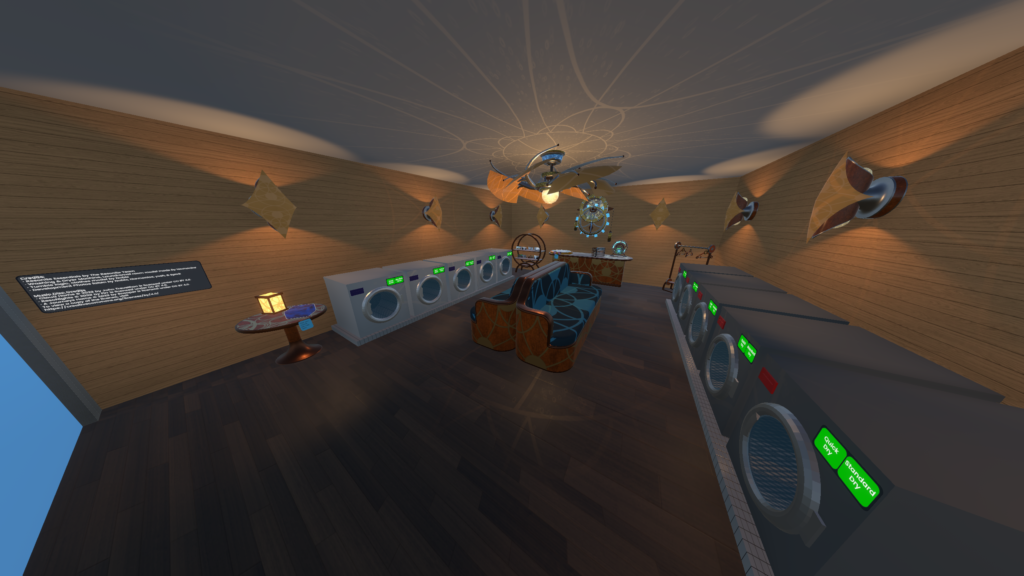 Screenshot of Resonite showing a world with a bunch of washing machines and dryers with couches in the middle.