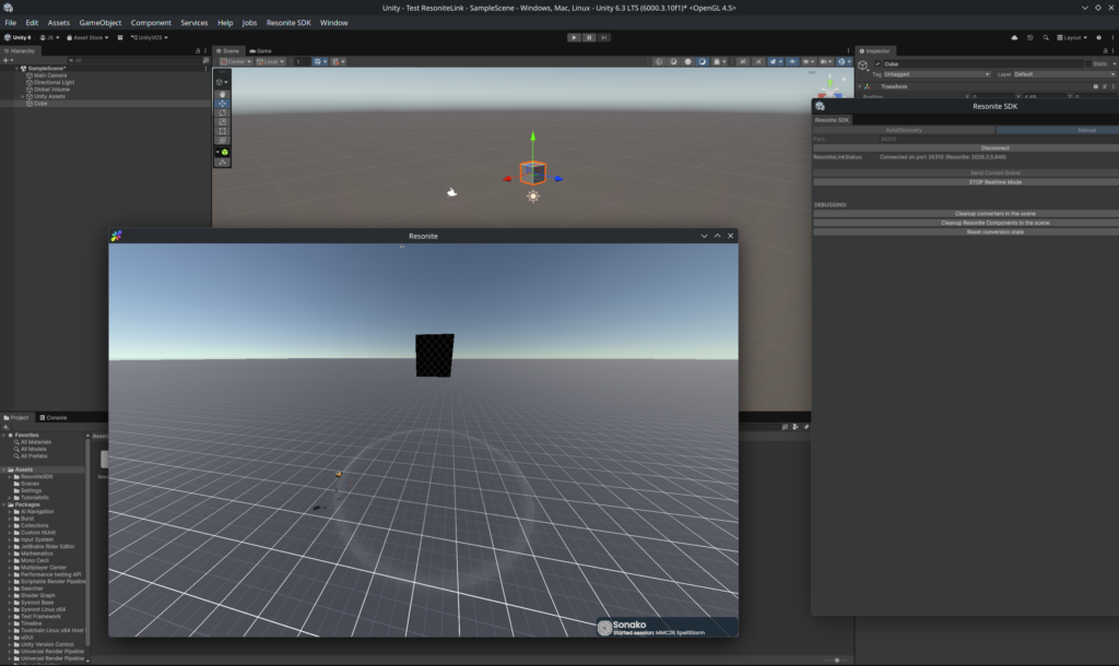Screenshot of a Resonite window on top of the Unity Editor window. A small popup can be seen with the title "Resonite SDK". A cube can be seen floating in the editor, with the same cube with matching positions being mirrored in the Resonite window.