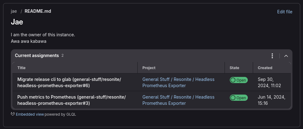 Screenshot of a GitLab profile README file, showing an embed with current assignments.