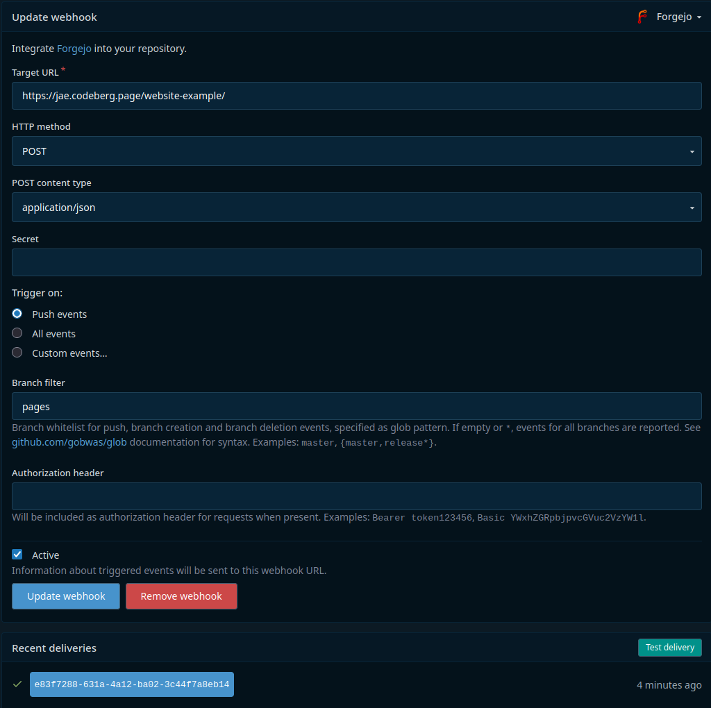 Screenshot of the Codeberg repository webhook form showing the configuration described above.
