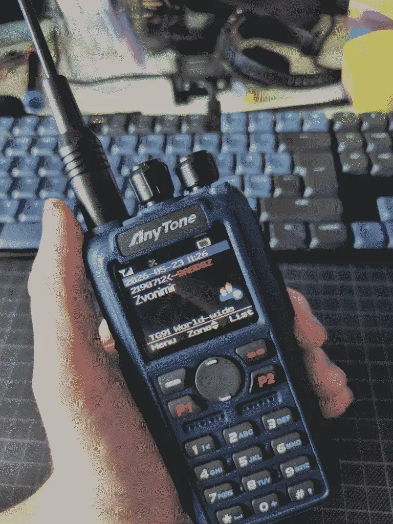 Picture of a hand holding a handheld radio, showing on the screen the callsign 9A50SZ with the name "Zvonimir".